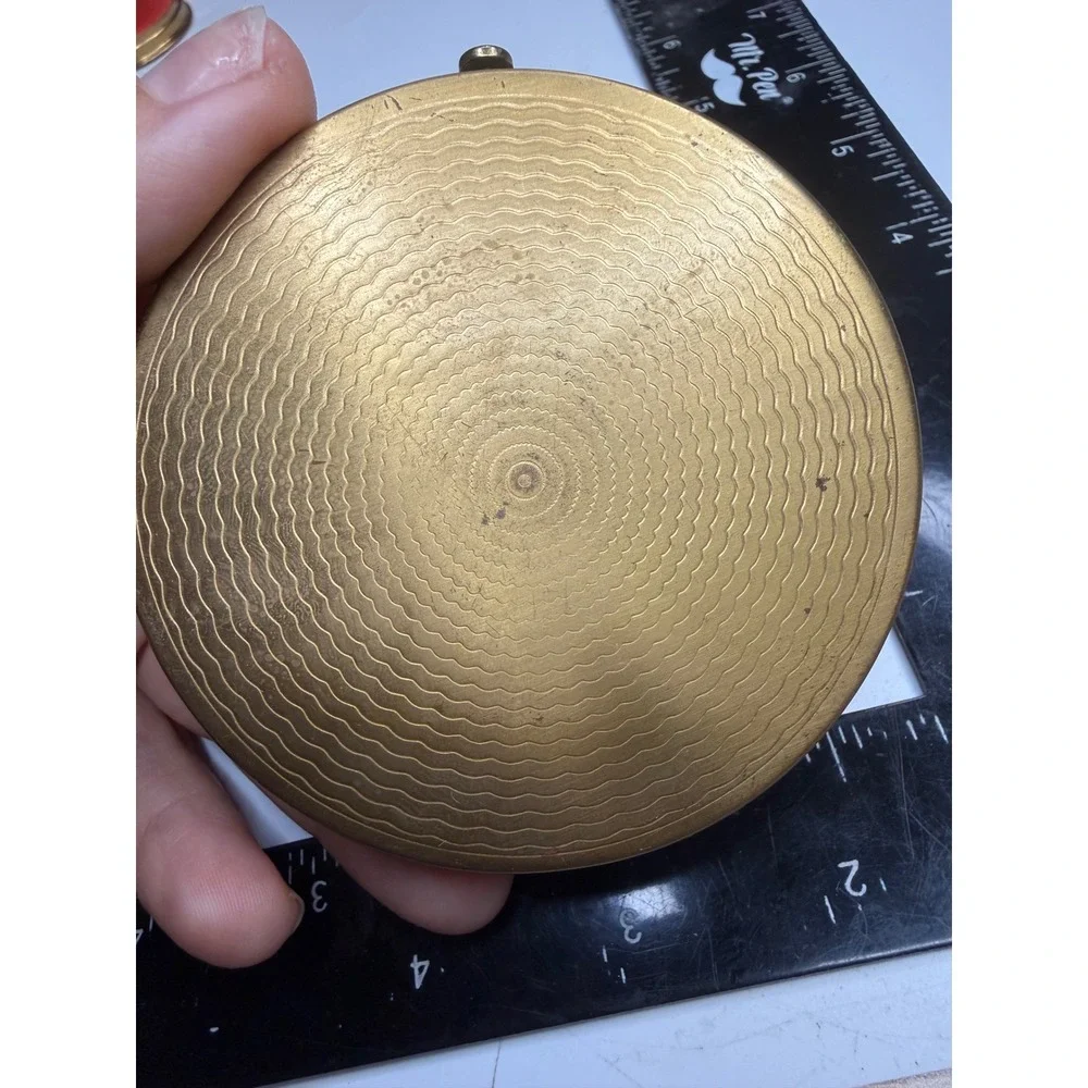 Gold Tone Brass Rose Etched Powder Compact with Mirror and Puff 3 Inch